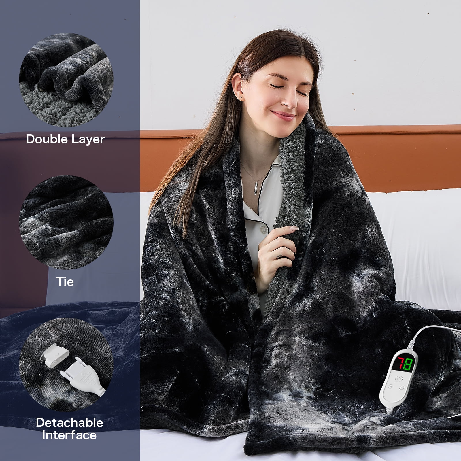 PMONPA Electric Heated Blanket, 51"x61" Heating Blanket for Adult, Soft Flannel & Sherpa, 10 Heating Levels & 1-8 Hours Auto off, Black