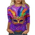thumbnail image 2 of Mifsaly Mardi Gras Tops Women Crewneck 3/4 Sleeve Carnival Mask Print Shirts Plussize Lightweight Festival Pullover Top Funny Party Fashion T-Shirts Spring Summer Going Out Daily Streetwear XXL, 2 of 5