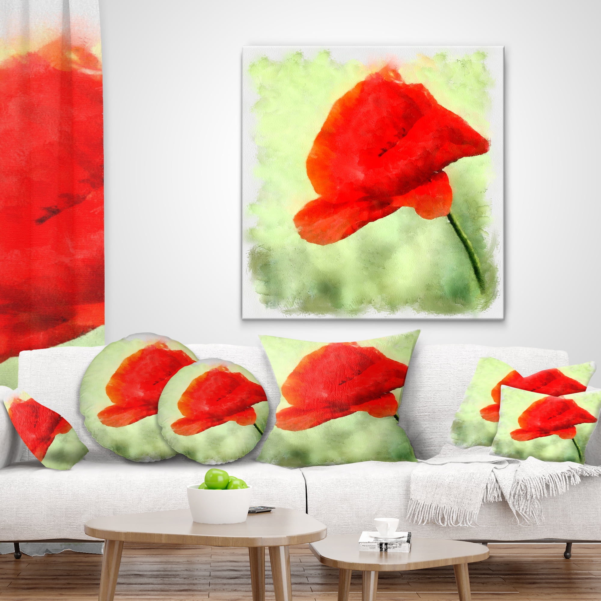 Designart Big Red Poppy Flower Watercolor - Floral Throw Pillow - 16x16
