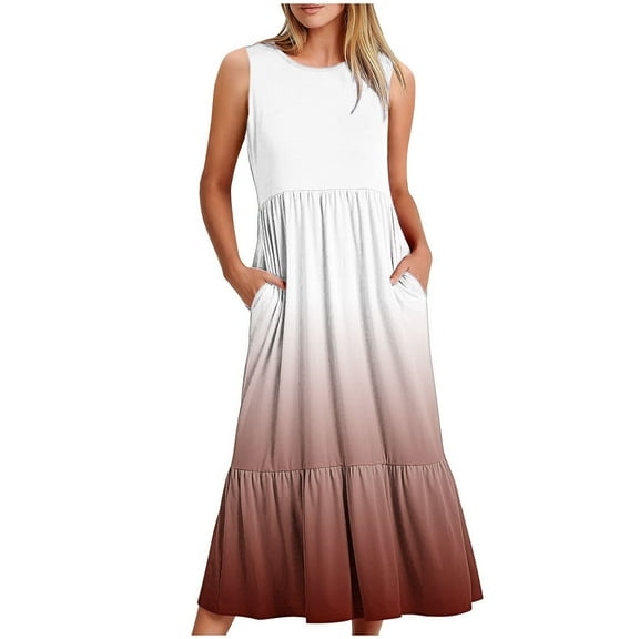 Lindreshi Summer Dresses for Women 2024 Women's Fashionable Sleeveless Pocket Round Neck Printing Loose Long Dress