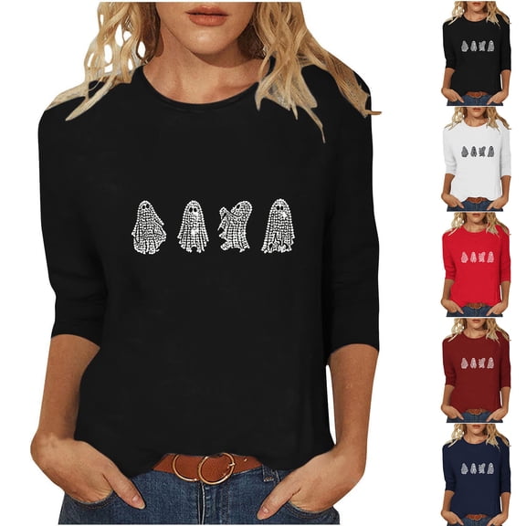 gbyLJF Women's Plus Size 3/4 Sleeve Halloween Shirts Funny Ghost Rhinestone Graphic Top Casual Fall Family Party Mom Tee