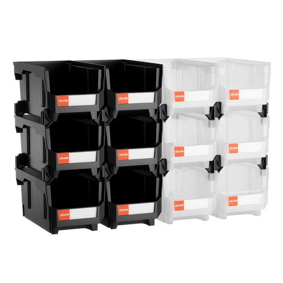Plastic Stackable Storage Bins, 14.8 x 8.5 x 7.1 Inches (12-Pack), Black & Clear Modular Containers for Organizing Garage, Office Supplies, Small Parts, and Home Accessories