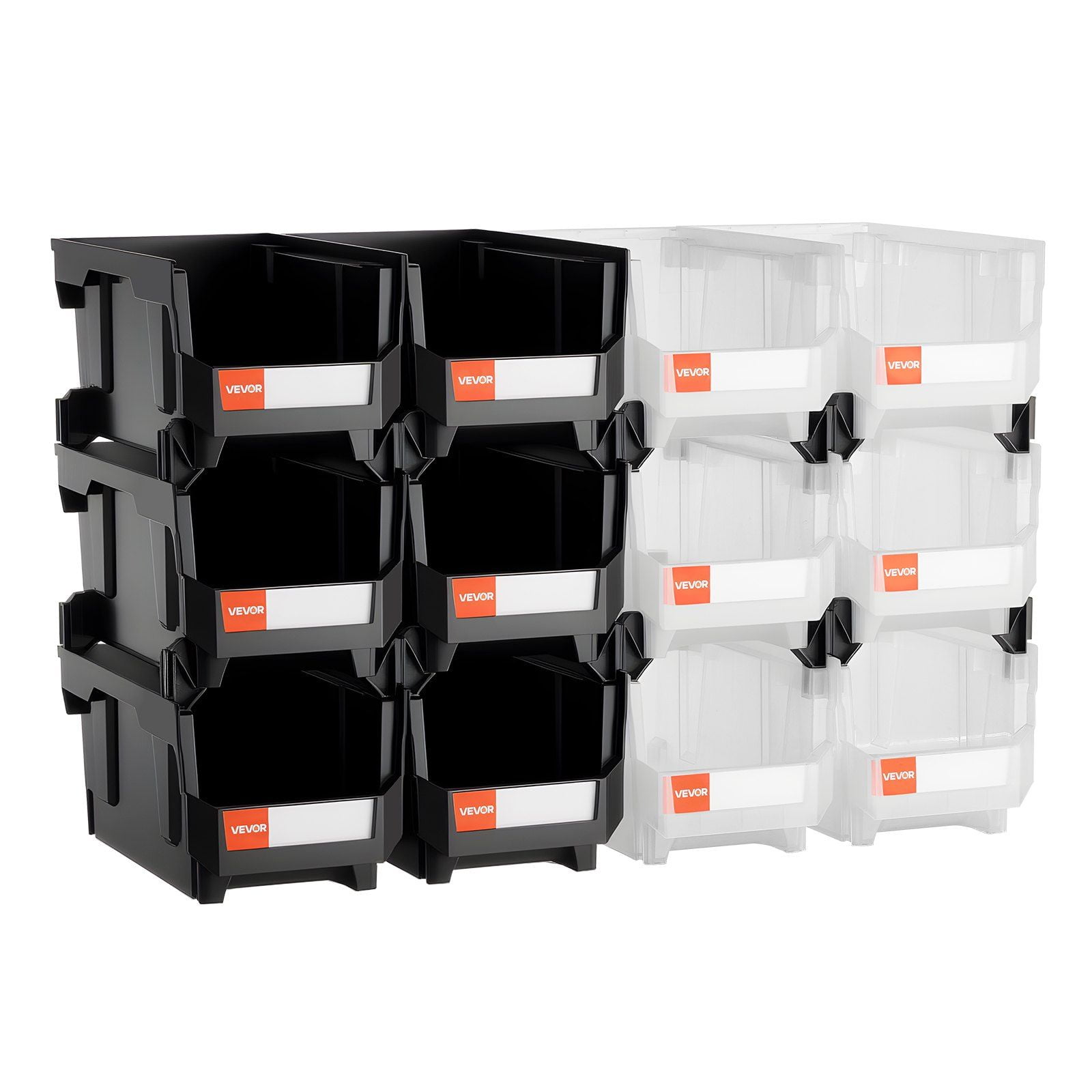 Plastic Stackable Storage Bins, 14.8 x 8.5 x 7.1 Inches (12-Pack), Black & Clear Modular Containers for Organizing Garage, Office Supplies, Small Parts, and Home Accessories