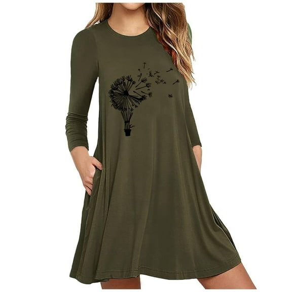 Lovzfmll Skater Dresses for Women, Women's Printed Long Sleeve Pockets Casual Dress Loose Dresses Army Green 2XL