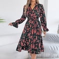 thumbnail image 2 of CHUMUD Summer Dress for Women Ruffle Long Sleeve Crew Neck Stretch Waist A Line Floral Midi Dress Casual, 2 of 8