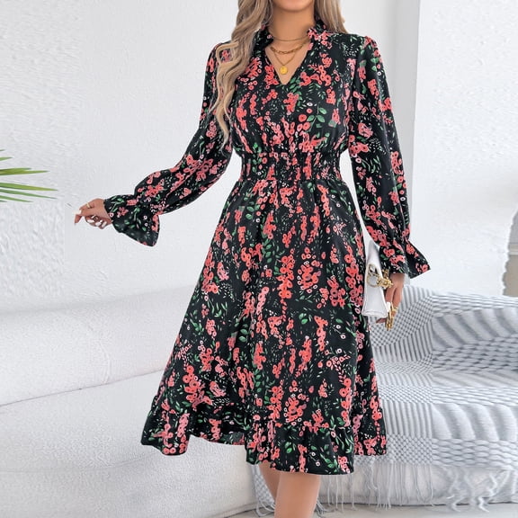 Dolkfu Black Fall&Winter Dresses for Women Mid-Length Long Sleeve V-Neck Boho Fit & Flare Dresses Relaxed Fit Abstract Retro Vintage Dresses Black,L