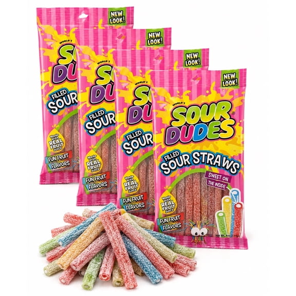 Sour Dudes Filled Sour Straws Sweet and Sour Candy with Real Fruit Juice 4 Pack, 4 oz Each
