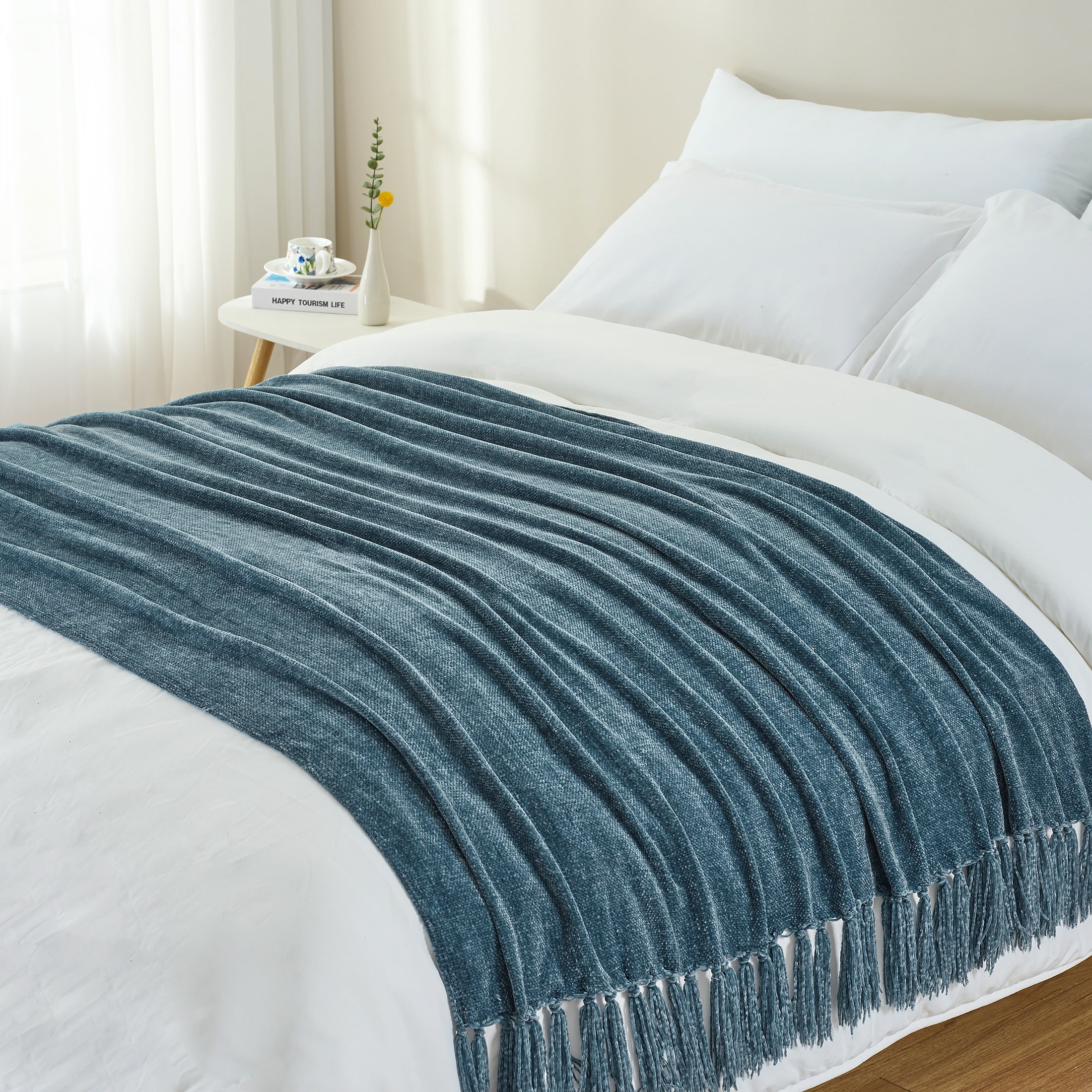 LONG CREATE Chenille Throw Blanket with Fringe Tassel for Couch Sofa Chair Bed, Dusty Blue 60" x 80"