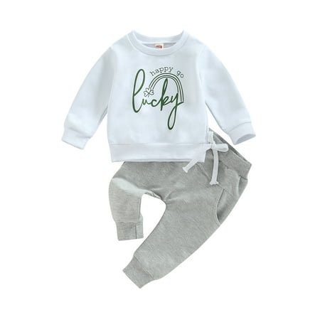

Qtinghua Infant Toddler Baby Boy St. Patrick s Day Outfit Letter Clover Sweatshirt Long Sleeve Sweater Tops Pants Set White 6-12 Months