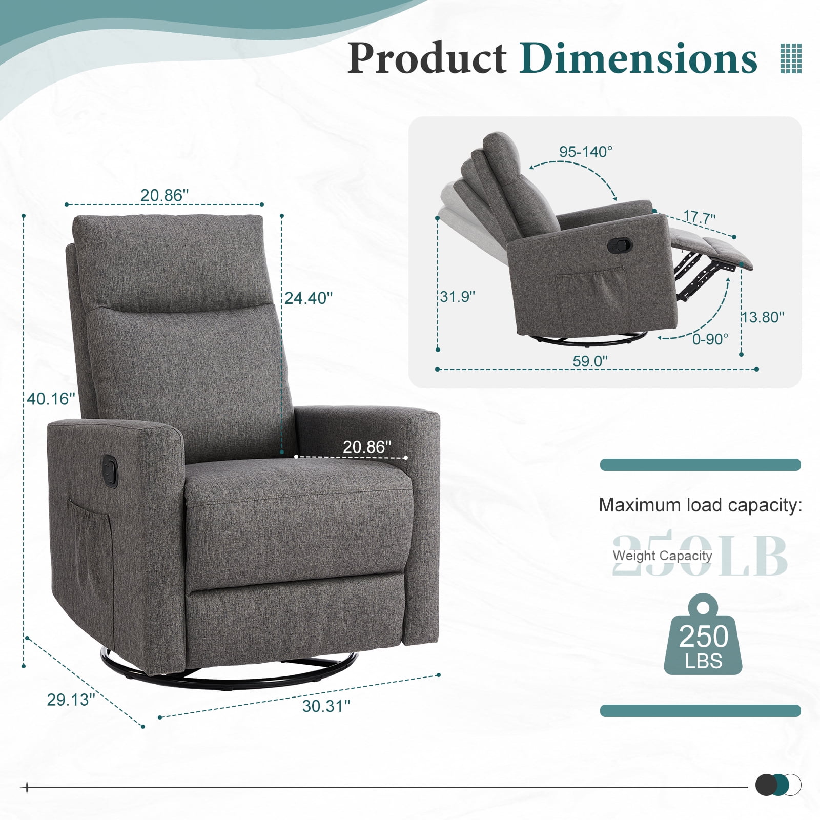 Gianna Adjustable Recliner Chair with Padded Seat, Modern Design for Living Room, Bedroom, Grey