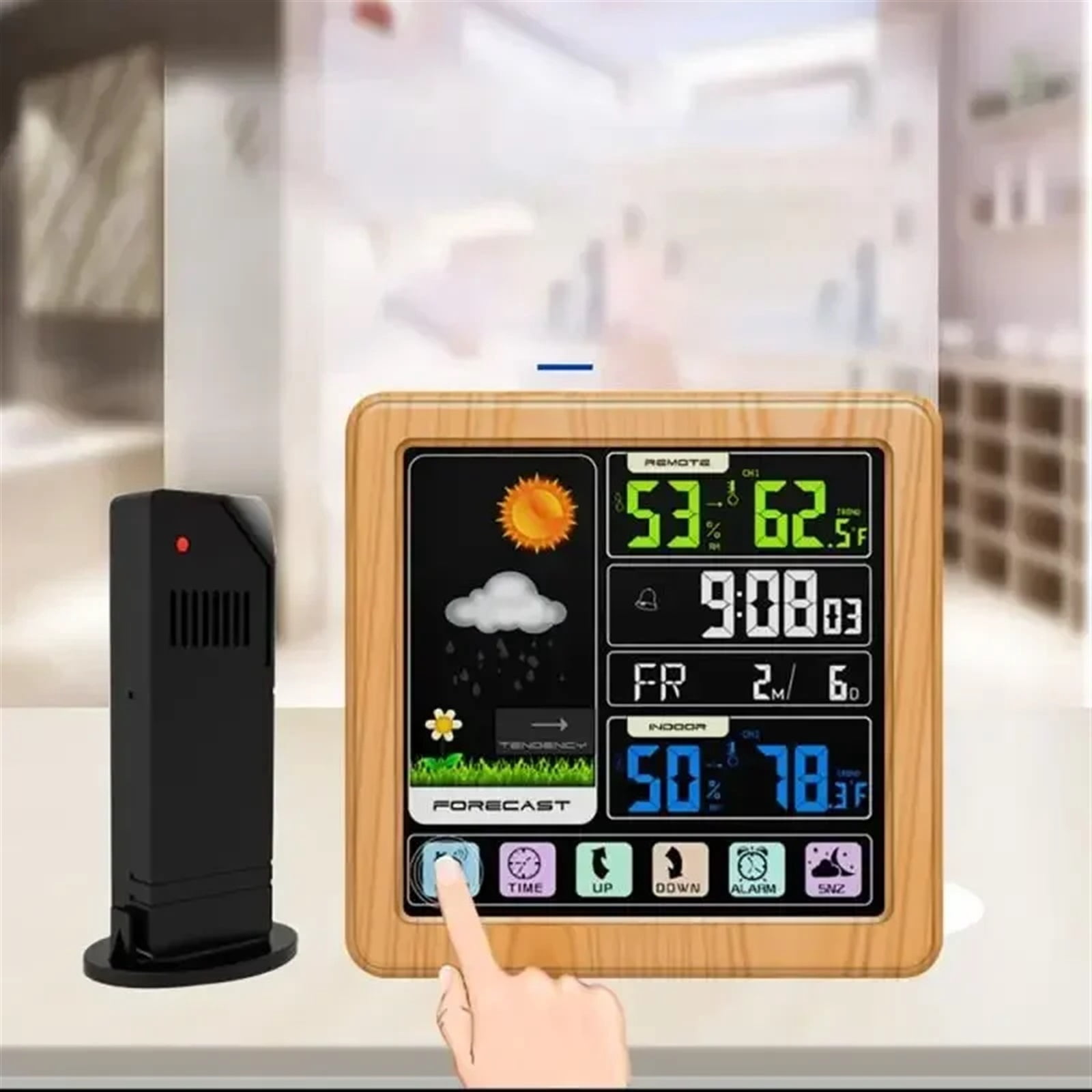 Wooden Wireless Weather Station Alarm Clock Digital Thermometer Humidity Temperature Wireless Sensor Home TimeWatch Desktop ,High Precision