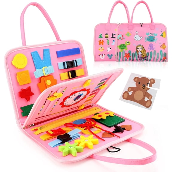 Lvelia Busy Board Montessori Toys for Toddler Girl Birthday Gifts, Busy Book Sensory Learning Toys for Toddlers, Educational Learning Toy for Airplane Car Travel, Pink