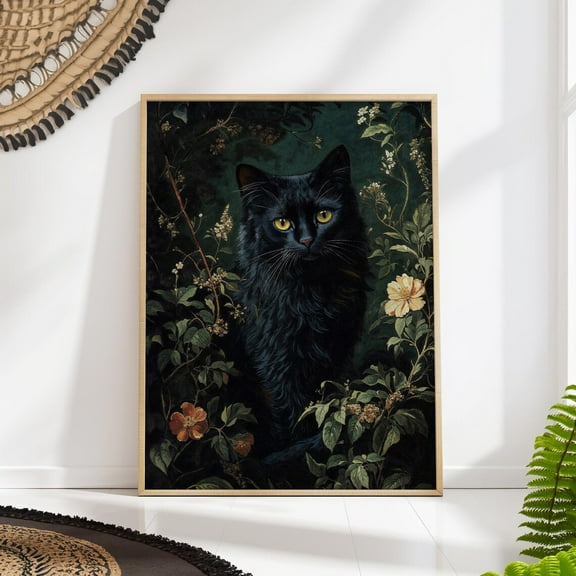 Black Cat Art Print - Moody Floral Poster - Cottagecore Animal Wall Decor Wall Art, Modern Wall Decor, 8x12 UNFRAMED