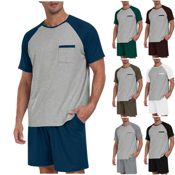 AnuYalue 2 Pcs Pj Set for Men Summer Casual Crewneck Tees and Shorts Color Block Pajamas Set Comfy Sleepwear