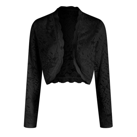 GEWSEY Women's Sheer Lace Jacket Blazer Long Sleeve Open Front See Through Jackets (Black, L)