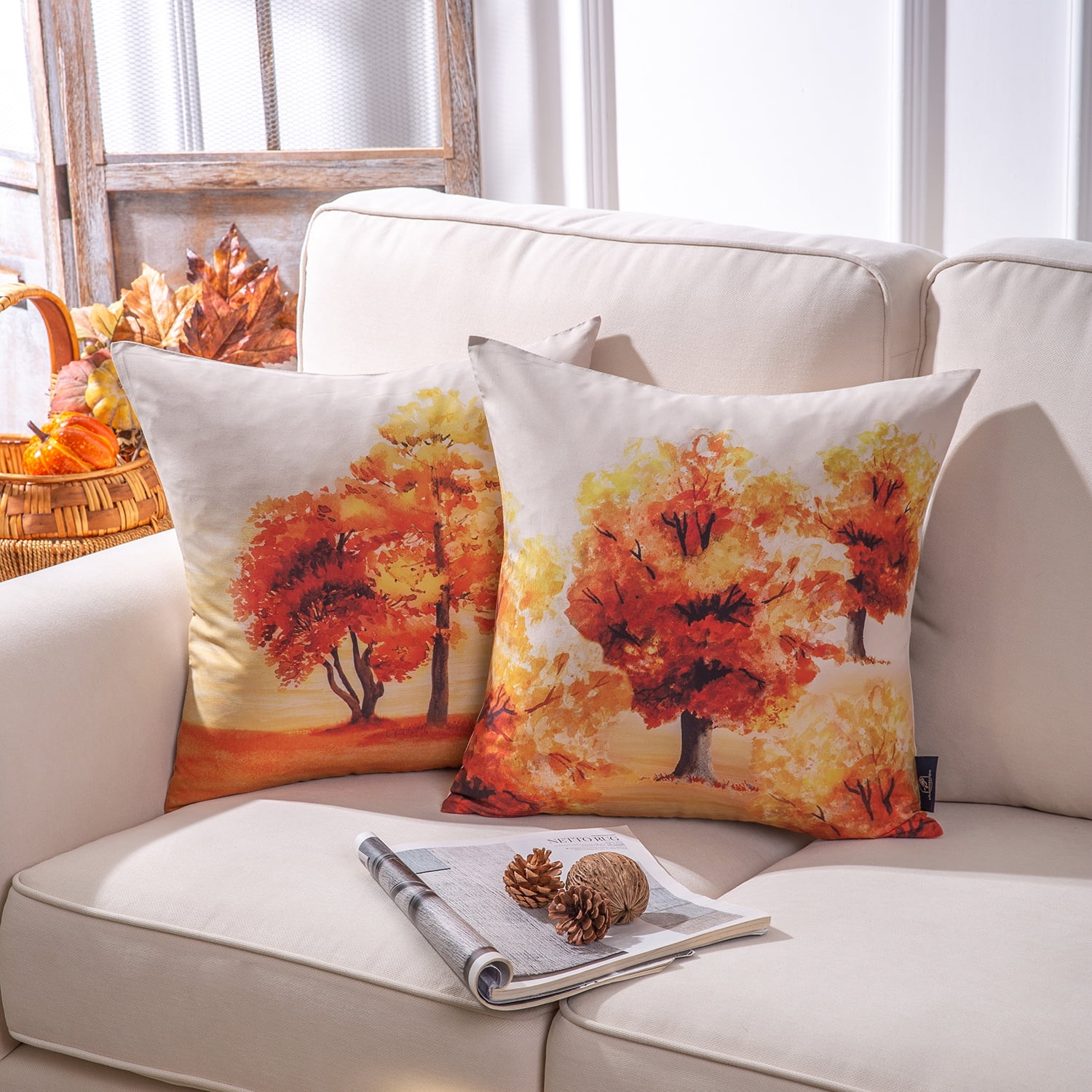 Phantoscope Season Series Decorative Throw Pillow Covers, Autumn Orange Tree, 18" x 18", Set of 4