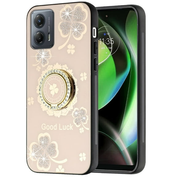 For Motorola Moto G 5G 2023 Diamonds 3D Bling Sparkly Ornaments Engraving Hybrid Fashion Ring Stand Cover ,Xpm Phone Case [ Gold Good Luck Floral ]