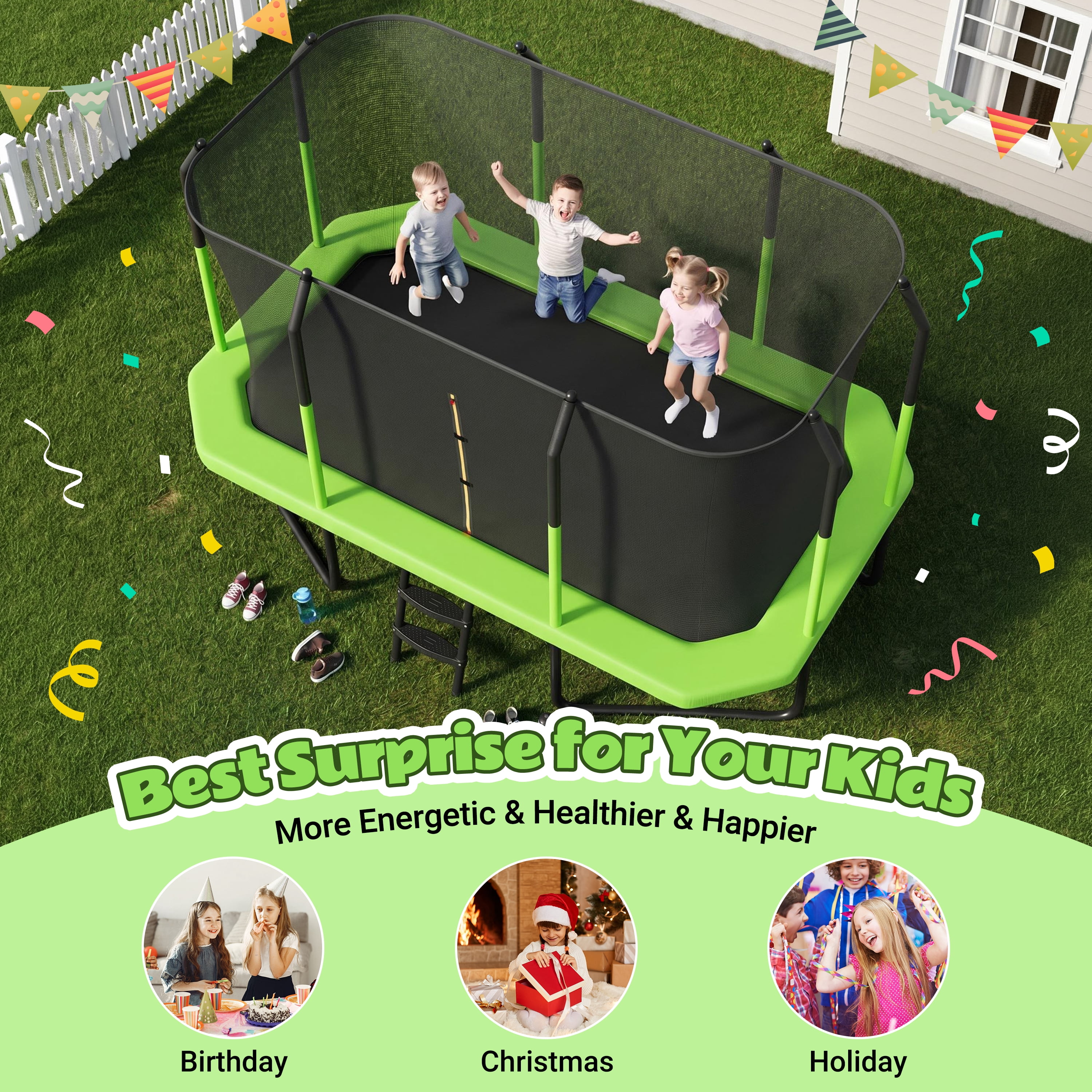EUROCO 8X14FT Large Rectangle Outdoor Trampoline with Weather-Resistant Enclosure Net and Ladder, Maximum Load Capacity Backyard Jump Pad for Family