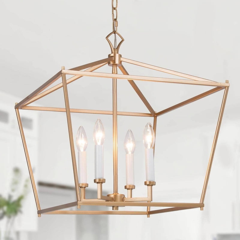 LNC 4-Light Matte Gold and White Modern Cage Chandelier for Kitchen Island