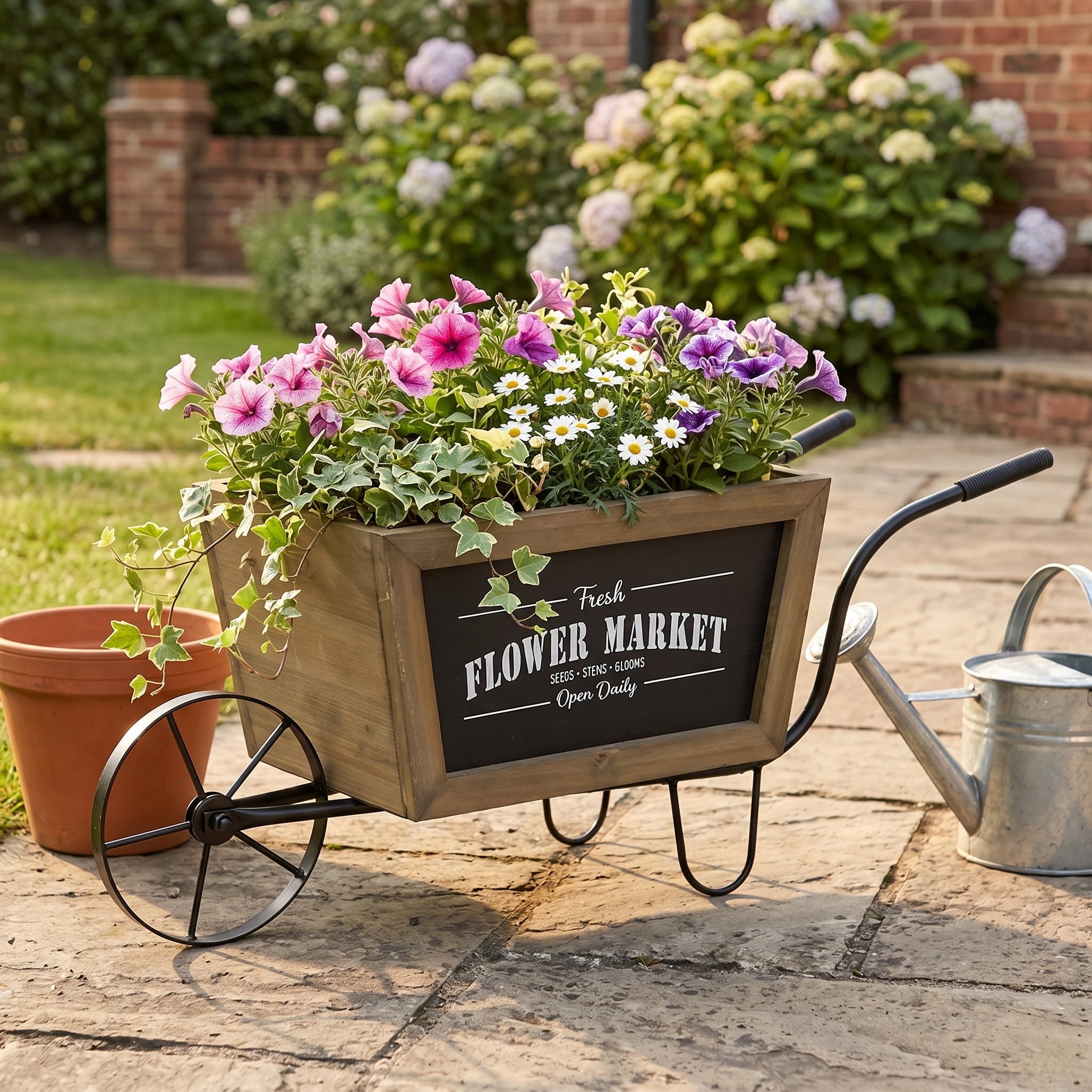 Farmhouse Flower Market Wheelbarrow Planter 19.5x8x8.5 Inch Black Metal Frame for Tabletop Kitchen Counter