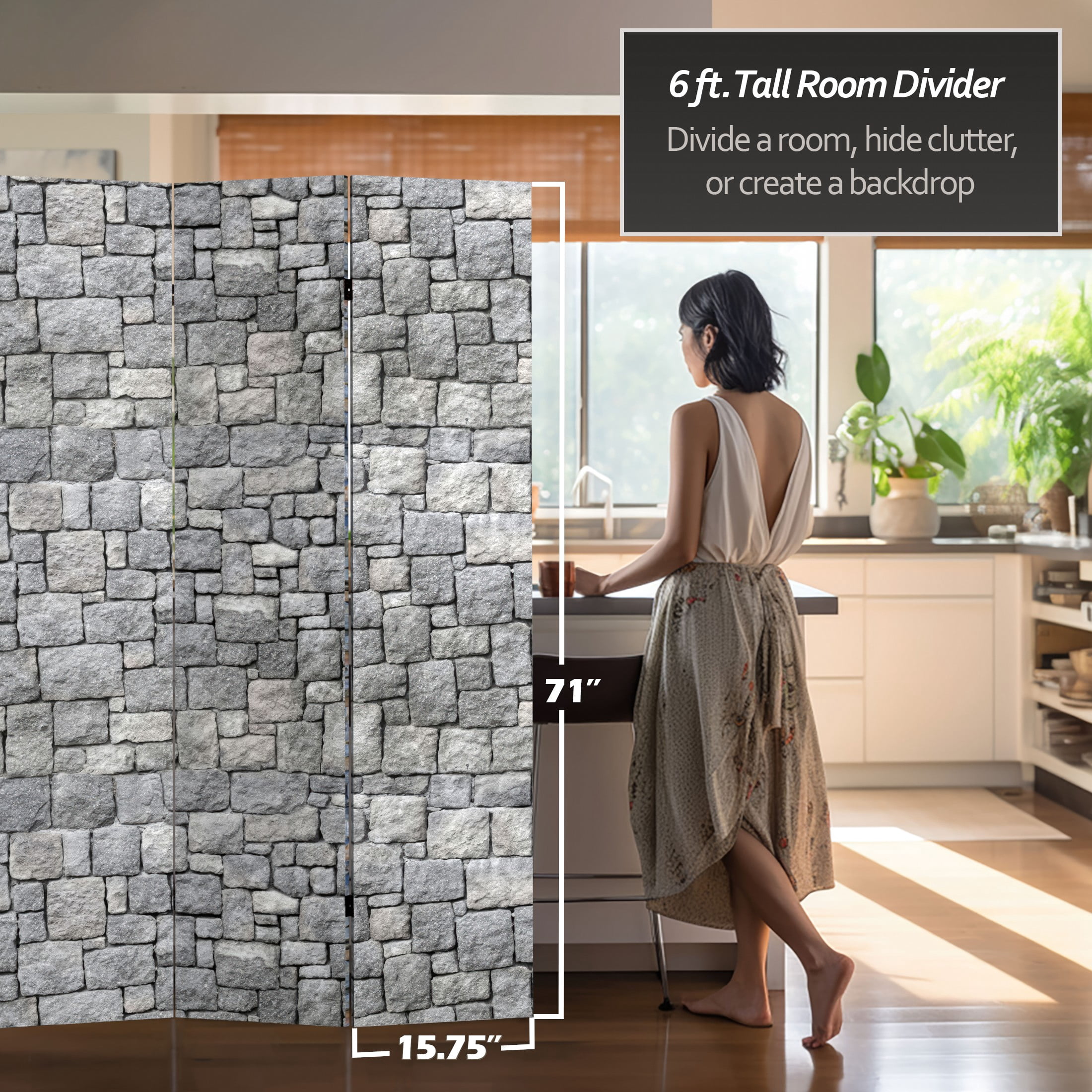 Red Lantern 6 ft. Tall Medieval Stone Room Divider - 3 Panels, Canvas, Grey