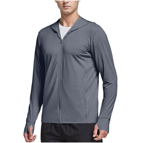 Fanxing Men’s Sun Shirts with Thumb Holes UPF 50  Rash Guard for Men Long Sleeve Zip Up Hoodie with Pockets Lightweight Jacket for Swimming Hiking Jogging Dark Gray,XXXL