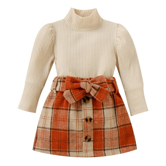 Staki Girls Winter Dresses Girls 2 Piece Outfits Casual Pullover Sweatshirt and Plaid Skirt Set(Orange,18-24 Months)