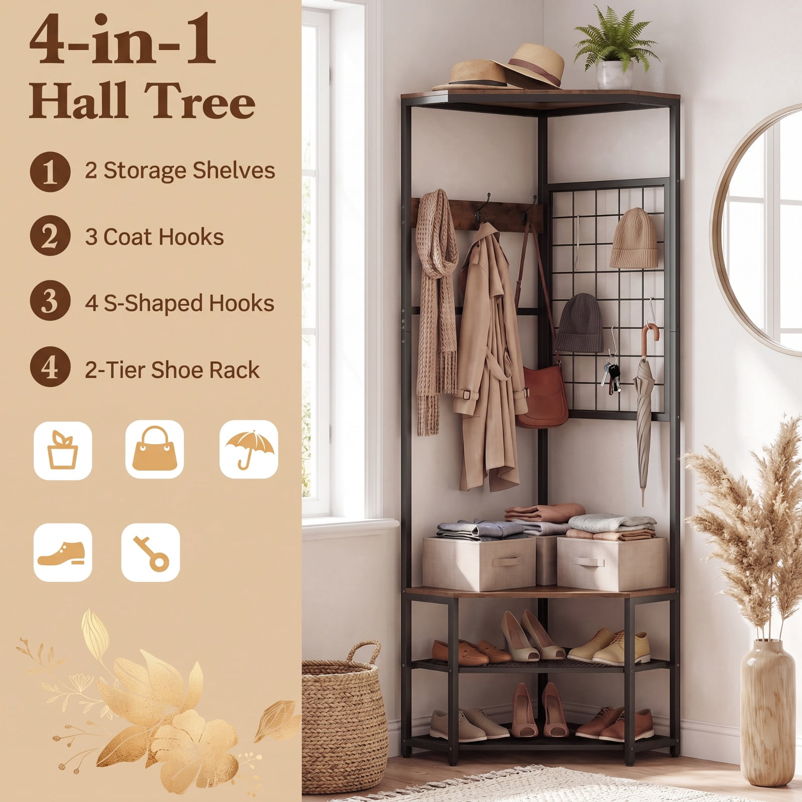 Furnibear Corner Freestanding Hall Tree Coat Rack with Storage Shelves and Removable Hooks for Entryway and Bedroom, Rustic Brown