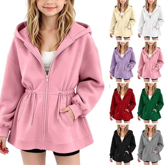 Girls' Zip Up Hooded Sweatshirt, Drawstring Waist Cinched Relaxed Fleece Jacket With Side Pockets For Daily Casual Back To School Outfits, Sizes 5-16