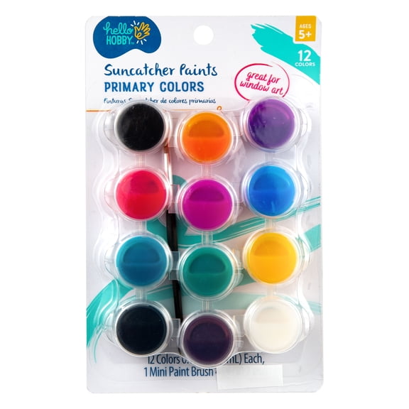 Hello Hobby Suncatcher Paints & Paintbrush, Includes 1 Mini Paintbrush and 12 Colorful Paint Pots With Resealable Lids, Rainbow or Jewel Colors