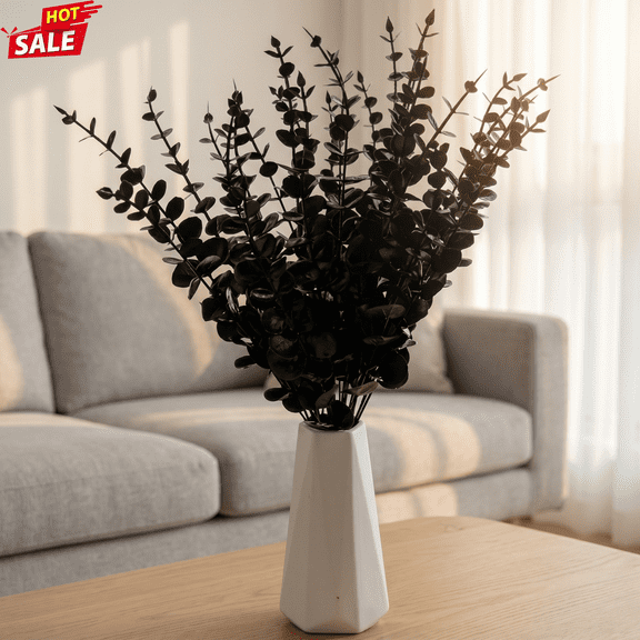 10 Pack Black Artificial Eucalyptus Stems, Halloween Faux Black Eucalyptus Branches, Artificial Greenery Stems for Vase Arrangement, Table Centerpiece, Home Indoor Spooky Halloween Party Decor