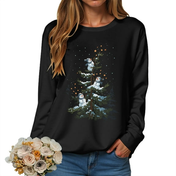 Kaprioy Sweatshirts for Women Snow Tree Prints Fall Fashion Clothing Long Sleeve Shirt Christmas Gift Pullover Tops Black, XXL