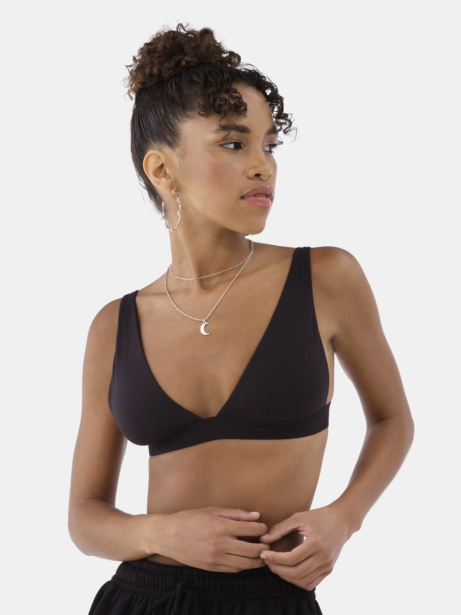 No Boundaries Cotton Stretch Ribbed Wirefree Plunge Bra, Women's XS-3XL