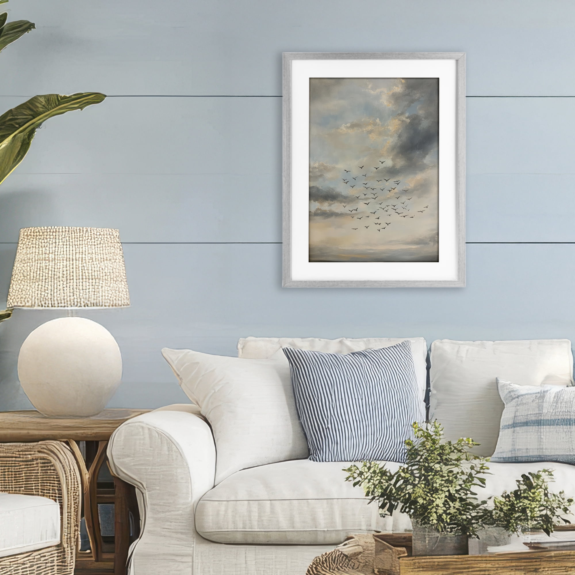 Stupell Industries Birds in the Clouds at Dusk Gray Framed Print Under Glass, design by Petal Prints Design