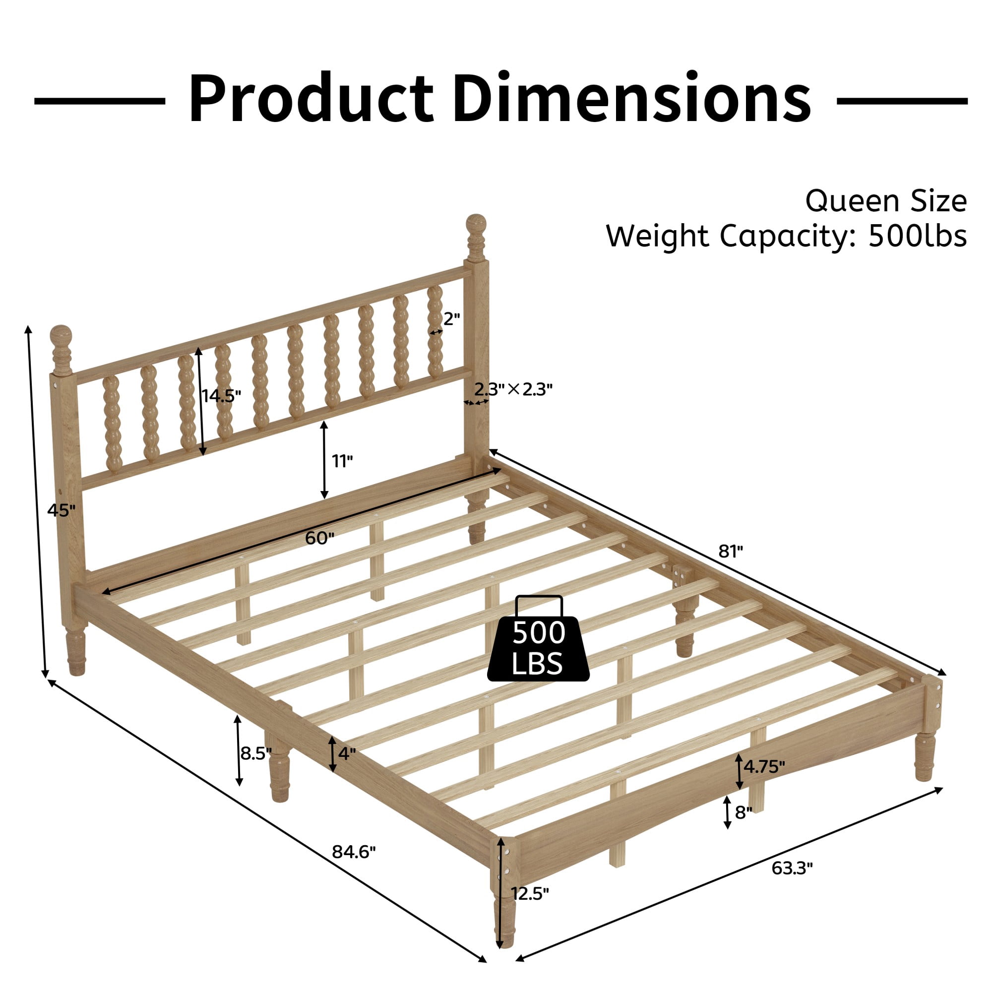 Aukfa Queen Size Bed Frame with Gourd Shaped Headboard, Wood Platform Bed, Oak