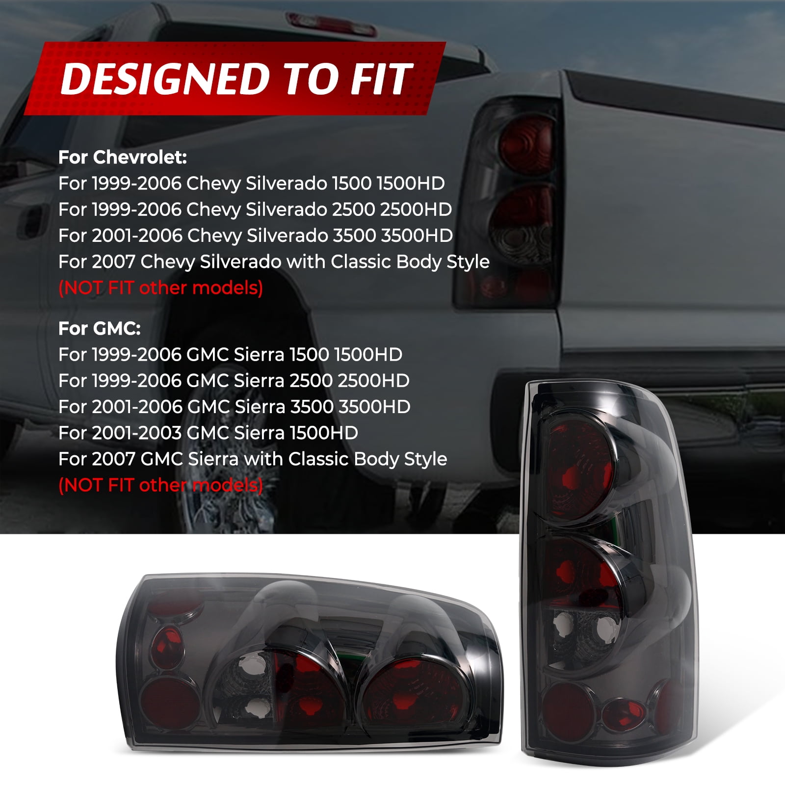 Sennachine For 1999-2006 Chevy Silverado 1500 2500 3500 Pair Smoke Tail Lights Brake Lamps