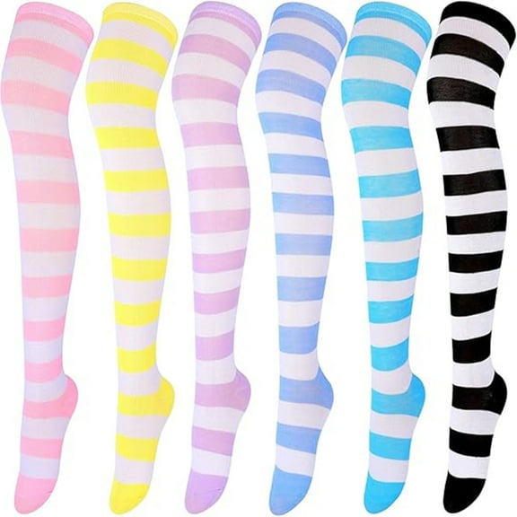6 Pairs Striped Over Knee High Socks Stripe High Thigh Stockings Women Long Socks for Daily Wear, Cosplay