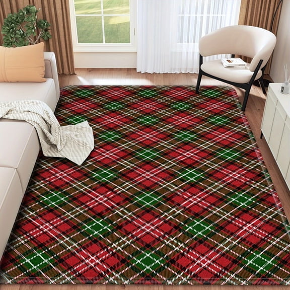 Festive Plaid Christmas Area Rug - Non-Slip & Soft for Living Room, Dining, Bedroom Decor