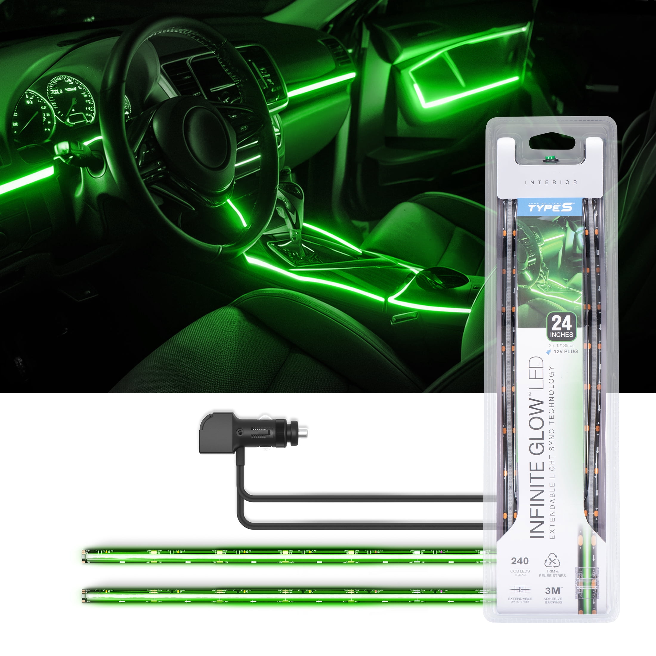 (2 pack) TYPE S - Infinite Glow Green LED Ambient Lighting - Car LED Strip Lights, Light Sync Technology, 3M Adhesive, Trimmable, 12V, 2 x 12" Green Strips, 24 inches