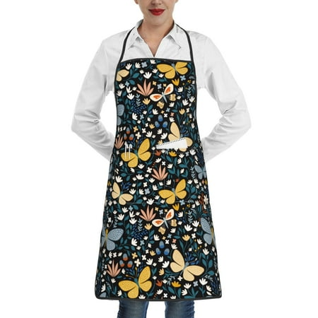 

Qekee Flowers Butterfly Print Adjustable Bib Apron Resistant with Pocket Cooking Kitchen Aprons for Women Men Server Chef Apron