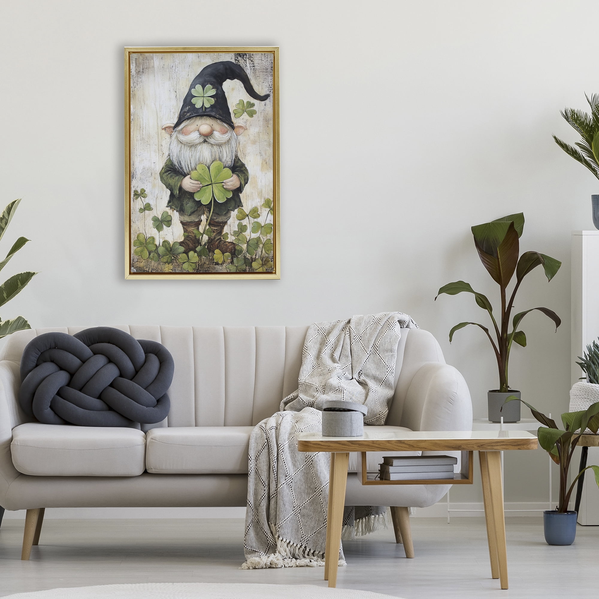 Stupell Industries Cottage Shamrock Gnome Gold Framed Floater Canvas Wall Art, design by Tina LeCour