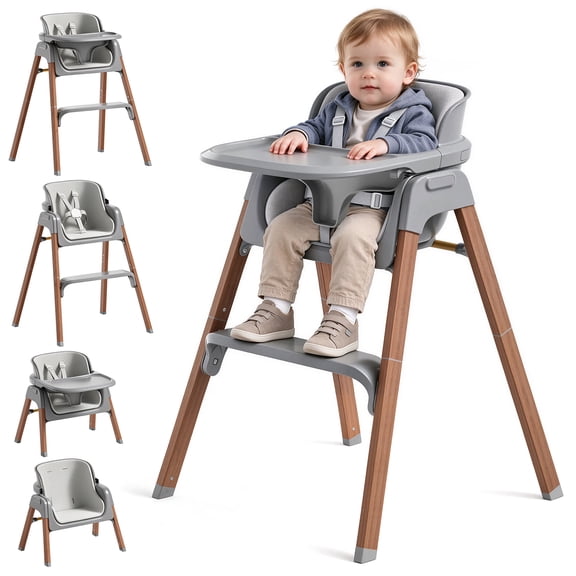 Family Baby Feeding Chair Foldable Convertible High Chair with Harness, Easy Clean Metal Frame, Removable Tray Gray