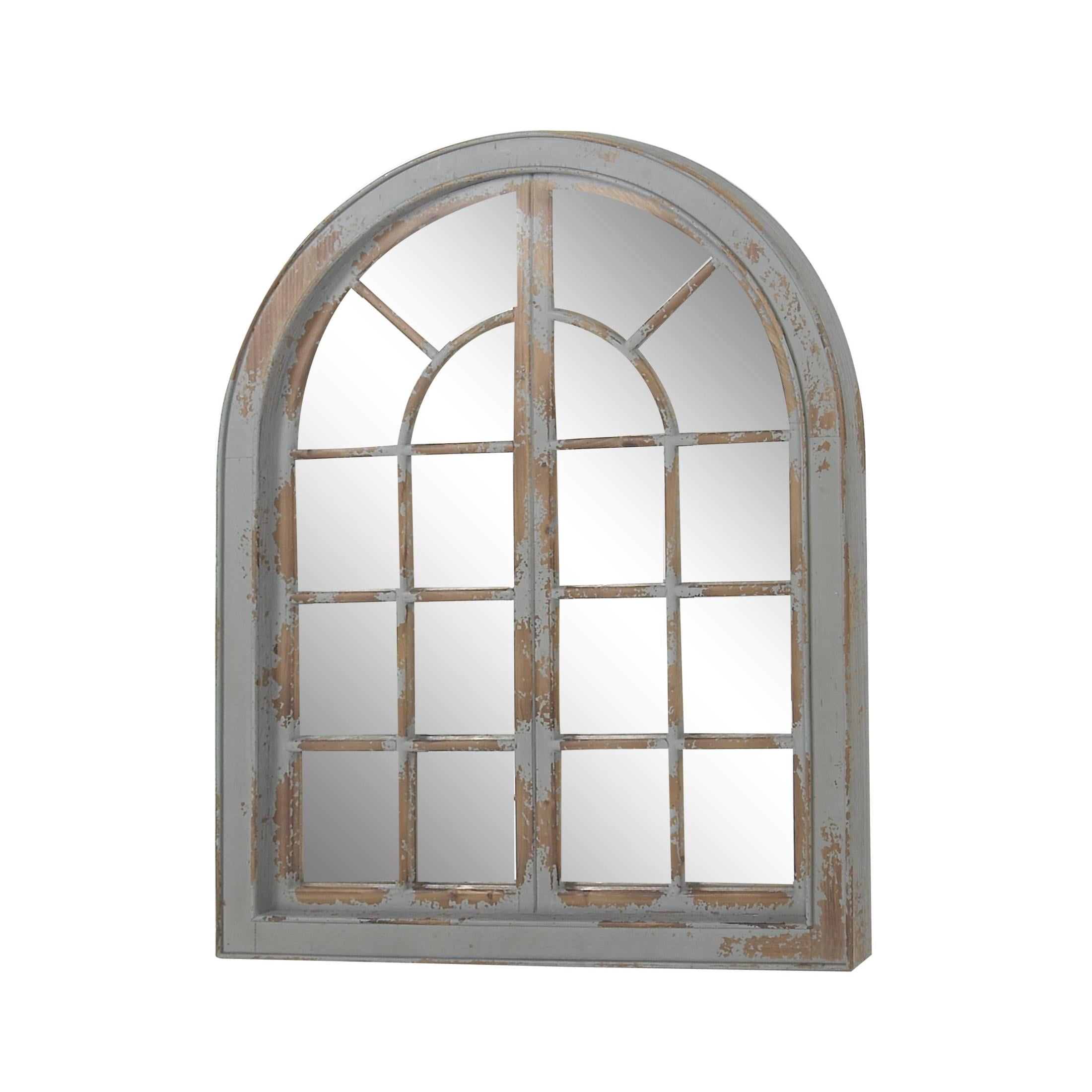 DecMode 37" x 48" Gray Window Pane Inspired Wall Mirror with Arched Top and Distressing
