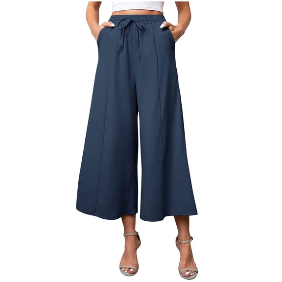 CQONEPT Pants for Women Lounge Flowy Bow Tie Elastic Waist Pant Baggy Wide Leg Streetwear Trousers Navy M