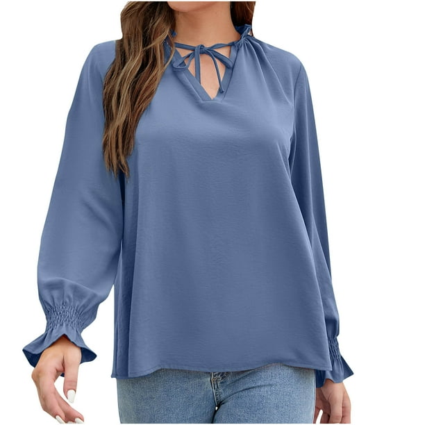 Blusa sólida de manga larga de otoño invierno de moda para mujer con cuello en V Ktie Rope Tops Fridja bvmnju4737