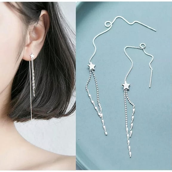 K-KED 925 Sterling Silver Star Drop Dangle Pull Through Earrings Threader