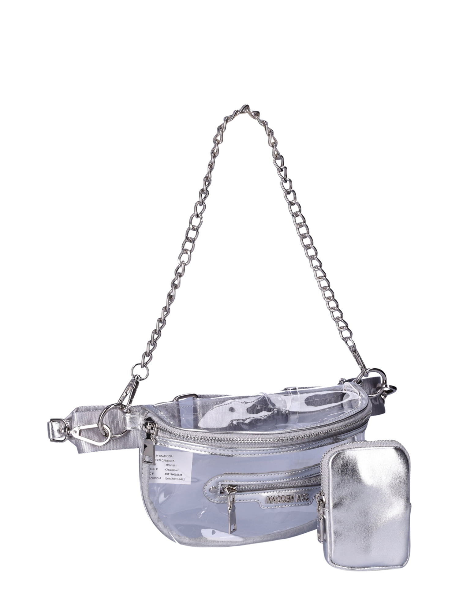 Madden NYC Women’s Clear Convertible Fanny Pack with Rhinestone Pouch, Metallic Silver-Tone