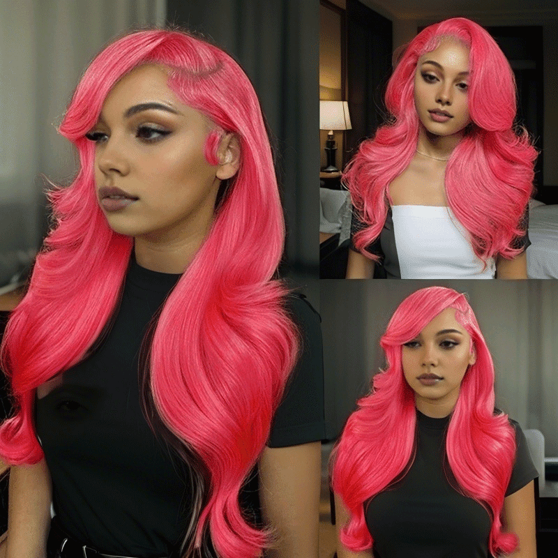 Pink Colored 13x4 Lace Front Wig Body Wave Brazilian Remy Human Hair Wigs Preplucked Natural Hairline High Density Elegant Hairstyle For Women Daily&Birthday&Wedding Use Wig 180 Density 22 Inch