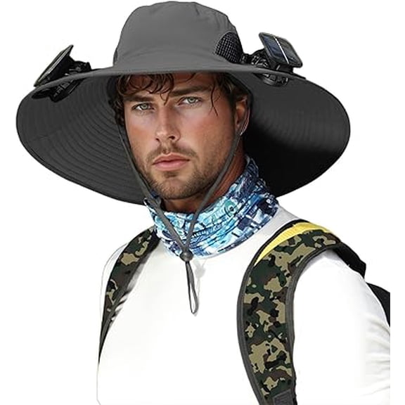 Generic Wide Brim Sun Hat with 2 Solar Fans, UPF 50 Protection for Fishing Beach Camping