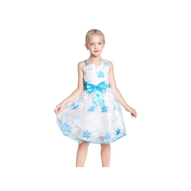 Robe Fille une Épaule Bleu Feuille d'Érable Tulle Fête 7 Ans
